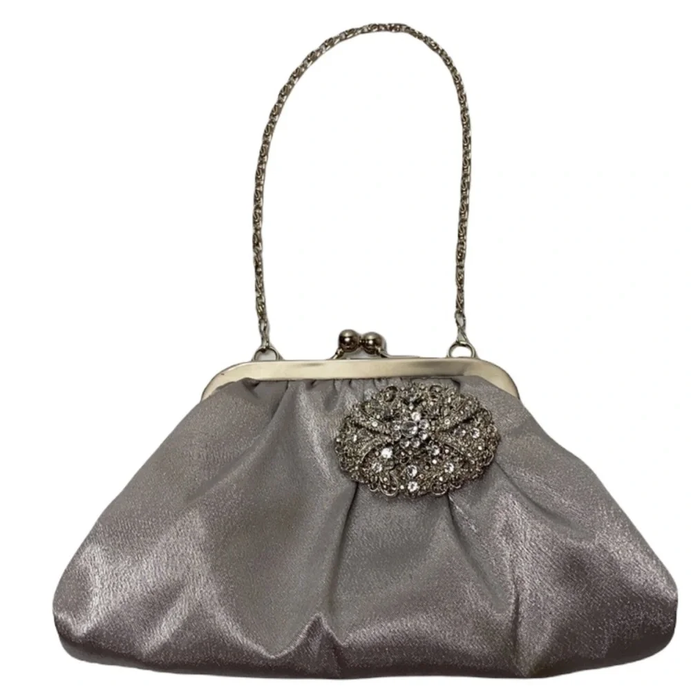 Vintage Purse Silver Rhinestone Jewel Embellished Button Silver Chain Handle Y2K